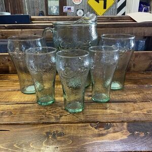 Vintage 64 oz Coca Cola Glass Pitcher Set with Ice Lip Green Pebbled Embossed